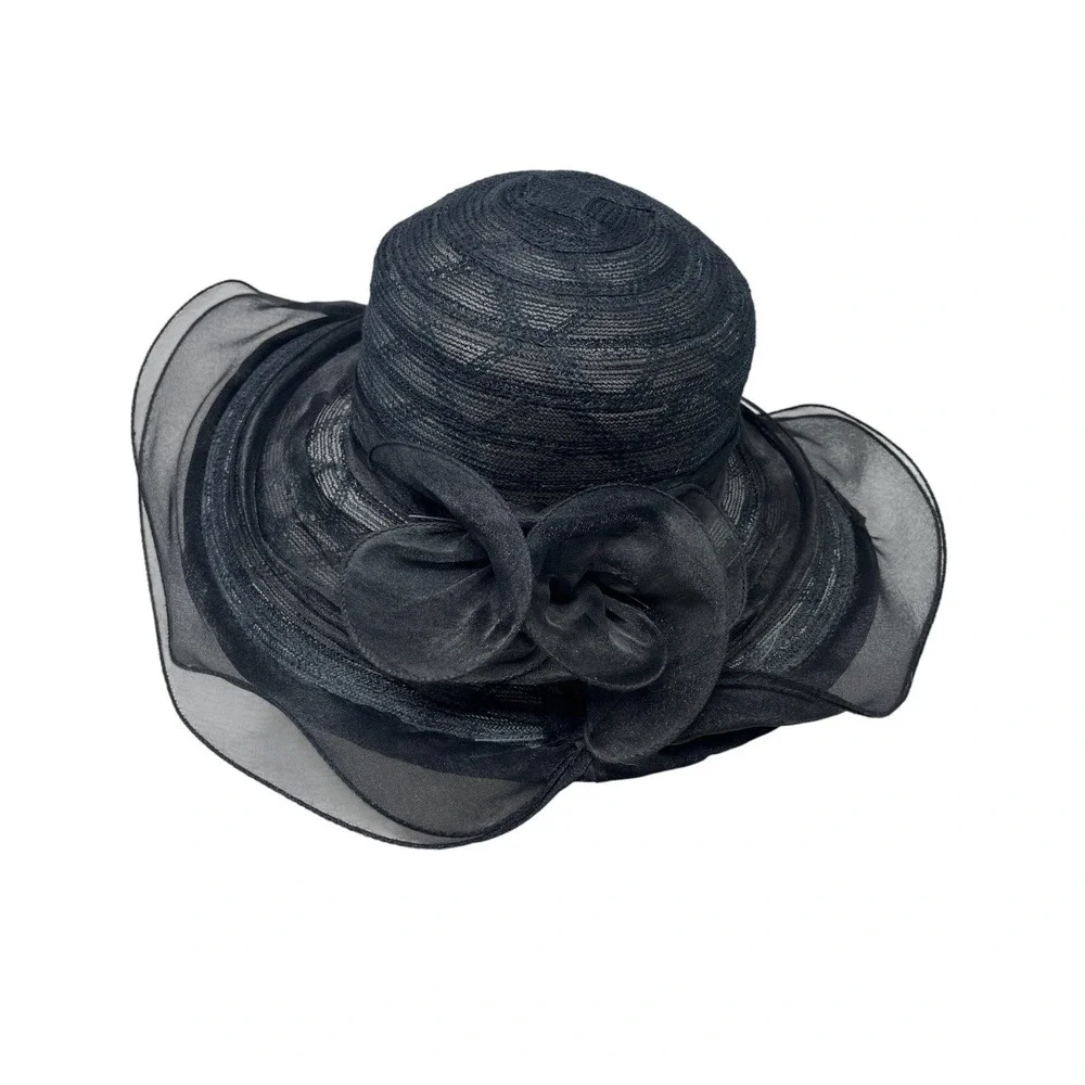 2 Fancy Hats High Tea Wedding Event Dressy White & Black Sheer Ruffle One Size‎